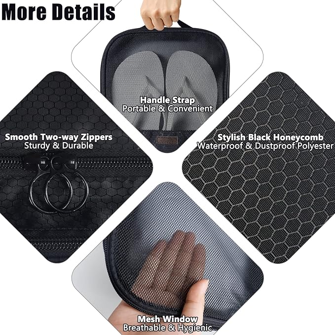 Aosbos 2 Layers Shoe Bags for Travel with Trolley Sleeve Portable Shoe Storage Pouch Shoe Packing Cubes with Structure, Honeycomb Black