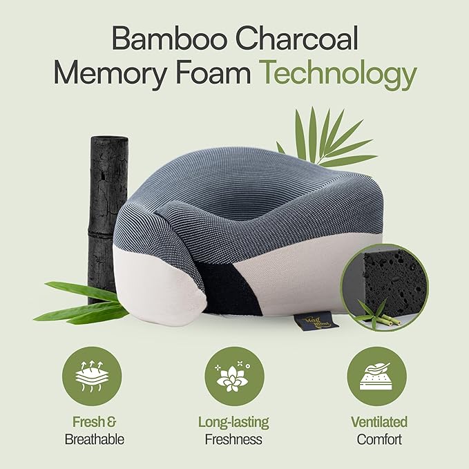 Neck Pillow for Traveling - Bamboo Charcoal Memory Foam with 360° Chin Support for Airplane, Soft & Breathable, Seamless Design, Removable Cover, Travel Accessories Included
