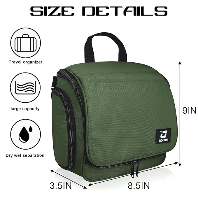 Goloni Hanging Toiletry Bag, 10 Compartments Water-Resistant Makeup Bag with 360° Spinning Metal Hook, Large Travel Cosmetic Organizer for Men & Women, Green (7.05oz)