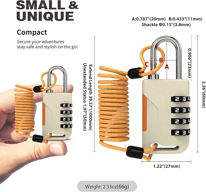 Ski Lock, Small Combination Lock with Retractable Cable (36in), Combo Cable Padlocks for Outdoor Use, Snowboard, Travel Luggage, Suitcase, Backpack, Bike, Motorcycle Helmet (Golden)