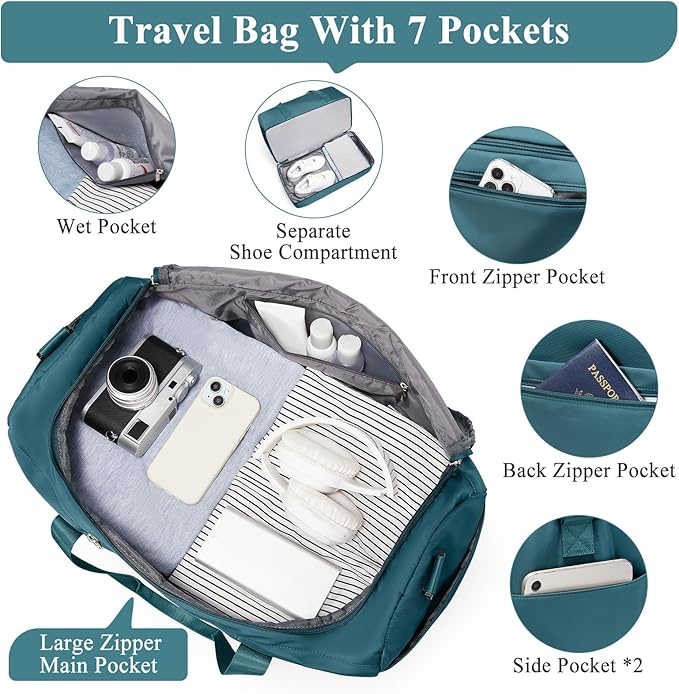 Large Travel Duffle Bag,Carry on Overnight Weekend Bag with Shoes Compartment,Weekender Bags for Women for Travel Business Trips Sport Hospital,2Pcs,Peacock Blue