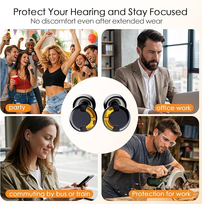 Adjustable Ear Plugs - 3 Noise Cancelling Modes for Concerts, Work, Travel & More, Reusable Hearing Protection with 4 Sizes (XS/S/M/L), Comfortable Ear Plugs for Noise Reduction, Black Gold