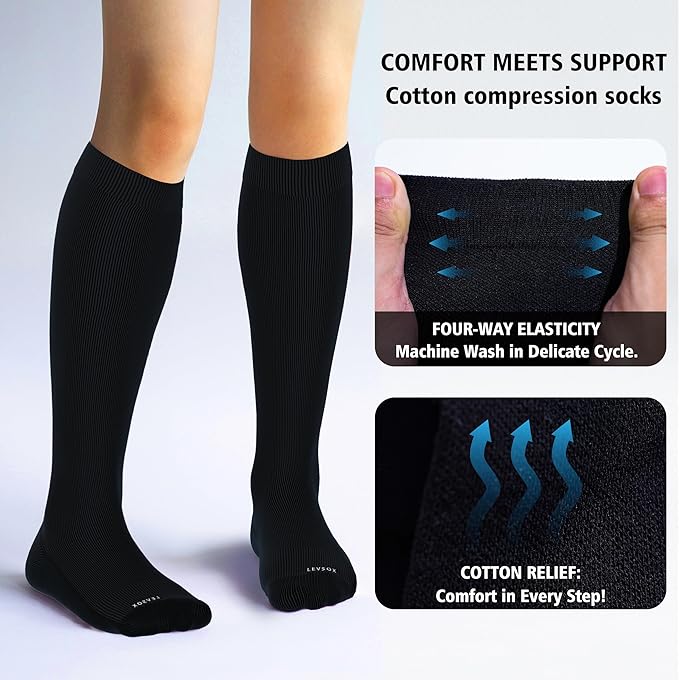 LEVSOX Cotton Compression Socks for Women&Men 20-30mmHg Knee High Cute Support Sock for Nurses Pregnancy Travel