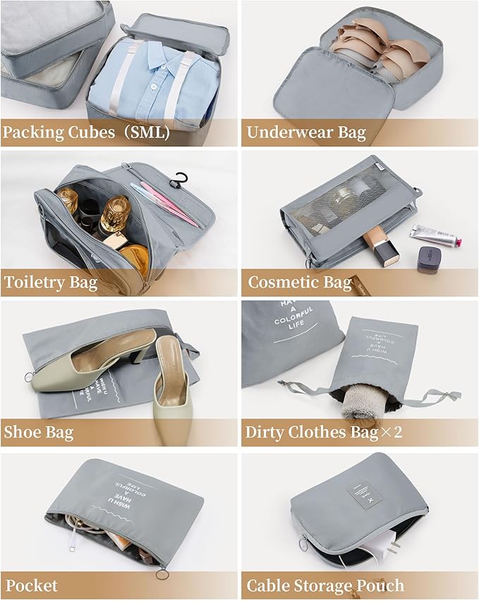 Anjing Packing Cubes for Suitcase 11PCS Luggage Packing Organizers Travel Essentials Luggage Organizer Hooked Toiletry Bag Cosmetic Bag and Shoes Bag, Gray