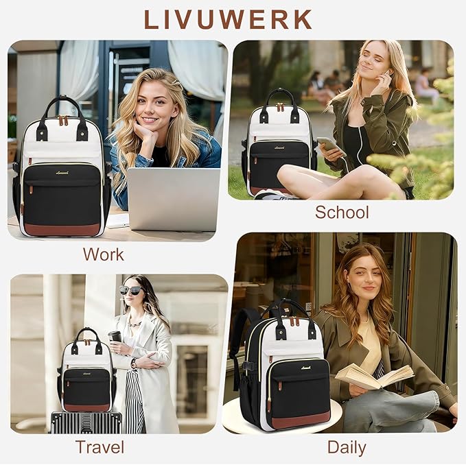 Laptop Backpack for Women Bag: 17 inch Backpacks with Pouch Pocket for Large Capacity Cup Travel Waterproof Bookbag Anti-theft College Casual Work Book Bags for Teacher Nurse Black Beige