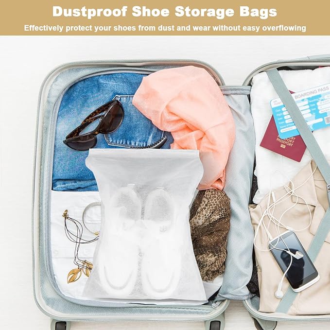 200 Pcs White Non-Woven Shoe Storage Bags – Dustproof Drawstring Travel Shoe Covers (12.5” x 18.5”) – Breathable & Portable Organizers for Shoes, Boots, Purses
