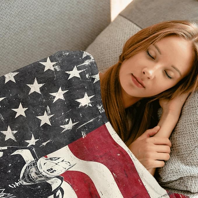 Retro Patriotic Hockey Throw Blanket,50x60in,Soft,Lightweight Flannel,American Flag Vintage Blankets - Gifts for Women Men,Game Day Lovers,for Couch Office Travel,Home Living Room Decor