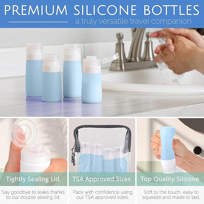 Travel Size Toiletry Bottles, Kit of 16 - TSA Approved Toiletries Essentials for Flying - Silicone Containers, Squeeze Bottles and Accessories for Shampoo, Conditioner, Liquids, Perfume, Blue