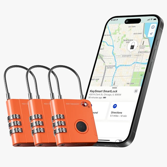 KeySmart SmartLock Tracking Luggage Locks, TSA Locks for Luggage, Combination Lock Compatible with Apple Find My App, Best Travel Essentials, Replaceable Non-Rechargeable Battery (Orange 3 Pack)