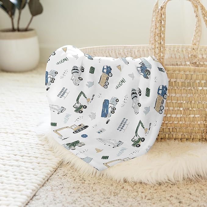 Sweet Jojo Designs Construction Truck Boy Baby Swaddle Blanket Infant Newborn Lightweight Jersey Stretchy Receiving Security Stroller Cover Grey Blue Green Transportation Zone Vehicles Yellow Black