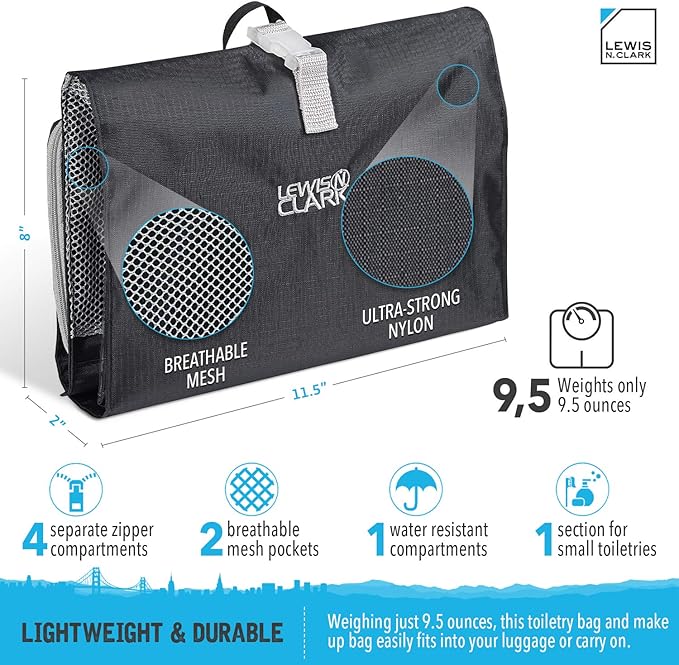 Lewis N. Clark Hanging Toiletry Bag for Travel Accessories, Shampoo, Cosmetics + Personal Items with Waterproof Compartment and Folding Design, Black