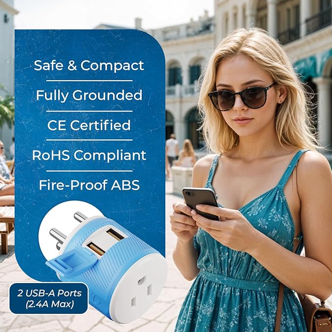 OREI 3 in 1 India Plug Adapter (Type D Travel Adapter) with 2 USB Inputs and 1 Type B Input – CE & RoHS Certification - Plug Adapter for Maldives, Nepal, India, Bangladesh, Sudan & More