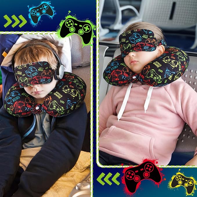 Gilprop 2 Pcs Gaming Travel Pillow with Sleep Eye Mask, U Shaped Memory Foam Headrest & Neck Pillow with Washable Cover, Soft Neck Head Support Travel Accessories for Airplane Car Train Bus Trips