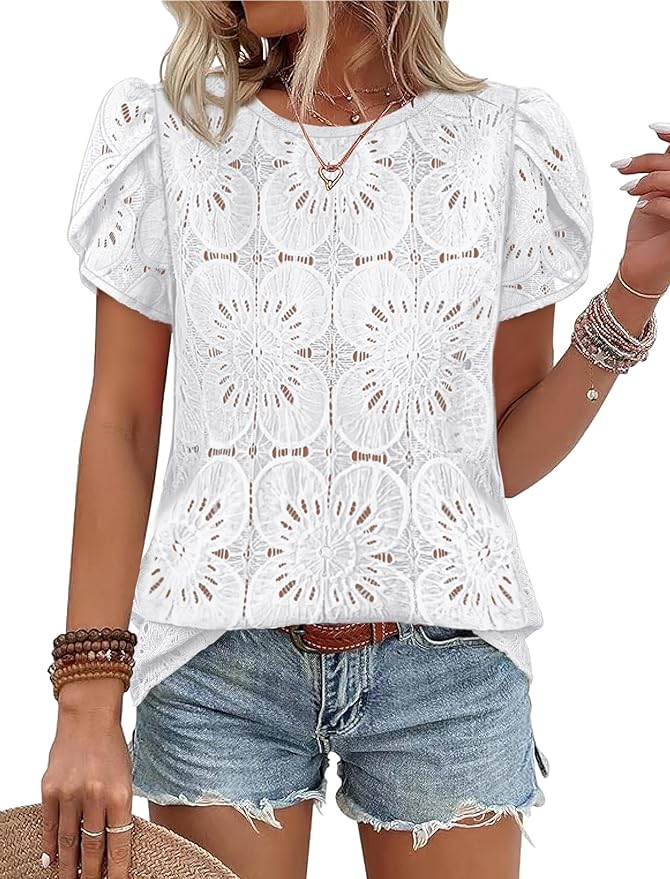 OFEEFAN Blouses for Women Dressy Casual Petal Short Sleeve Shirts Crochet Lace Boho Tops Spring Fashion Summer Outfits