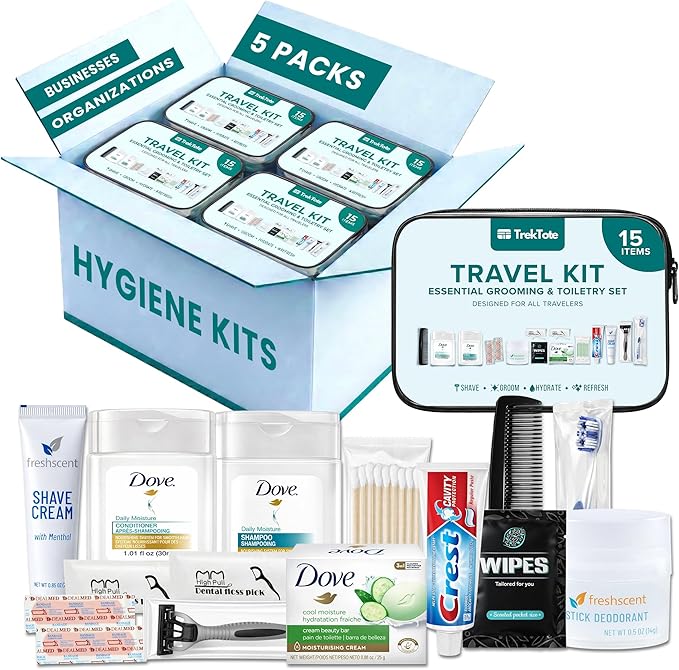 Stuhrling Bottle TrekTote Bulk 15 Piece Hygiene Kits for Distribution & Travel, TSA Toiletries Kit, Mini Shampoo, Toothbrush, Deodorant, Soap, Razor, Individually Packaged Case Pack of 5
