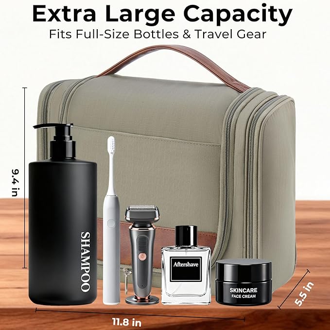 Ralnitote Large Hanging Toiletry Bag for Men, Travel Bathroom Bag with Hook, Hygiene Bag Organizer for Shower, Shaving & Grooming Essentials, Green