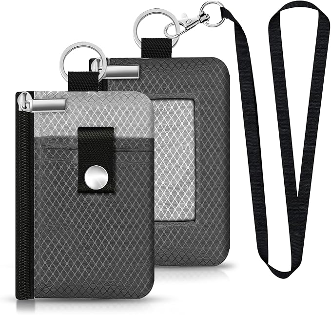Minimalist RFID Blocking Small Wallet with ID Window,WaterResistant Zip Id Case Wallet with Lanyard Keychain for Cards,Cash,Travel,Women,Men (DardGray/LightGray)