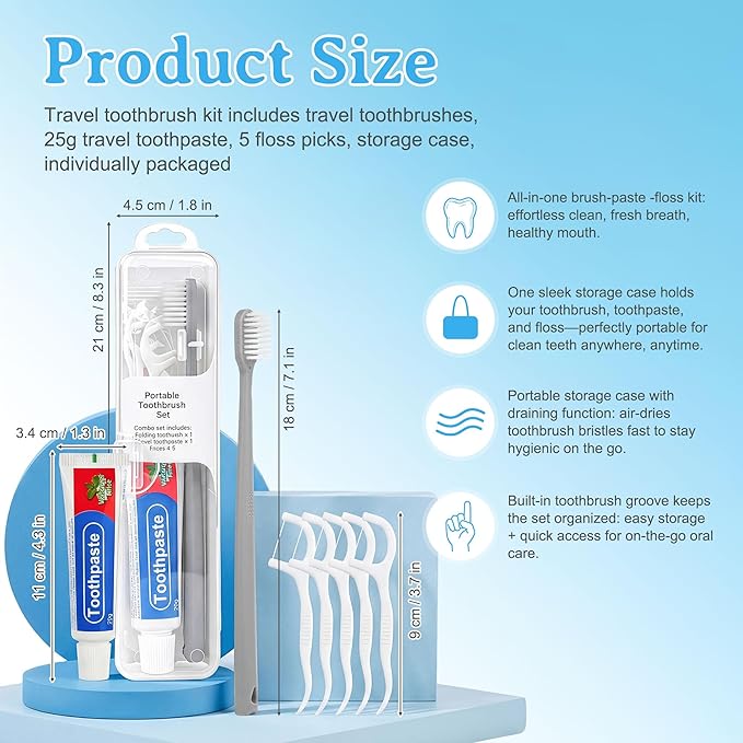 Travel Toothbrush Kit Includes Travel Toothbrushes, 25g Travel Toothpaste, 5 Floss Picks, Storage Case, Individually Packaged, Suitable for Home, Travel, and Hotel Use (20-Pack)