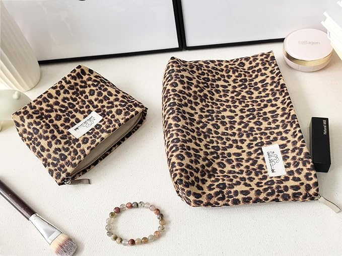 HAPPYHEIDI Leopard Print Makeup Bag with Pocket Large Cosmetic Toiletry Travel Pouch, Small Accessory Organizer Bag, Soft Corduroy Fabric, Brown Cheetah, 8.5x2x6.5 Inches