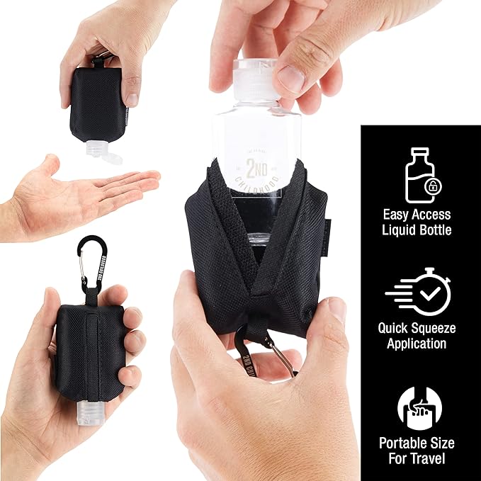 2nd Childhood Travel Hand Sanitizer Keychain – Small Refillable 2 oz Bottle with Clip-On Holder – Portable Sanitizer Case for Purse, Backpack, Gym Bag