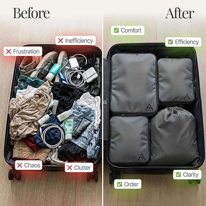 4-Piece Luxury Compression Packing Cubes & Bags for Travel – Maximize Space in Luggage with HybridMax Double-Capacity Design, 50 Luggage Tags, Patented Suitcase Organizer Bags, Lifetime Satisfaction