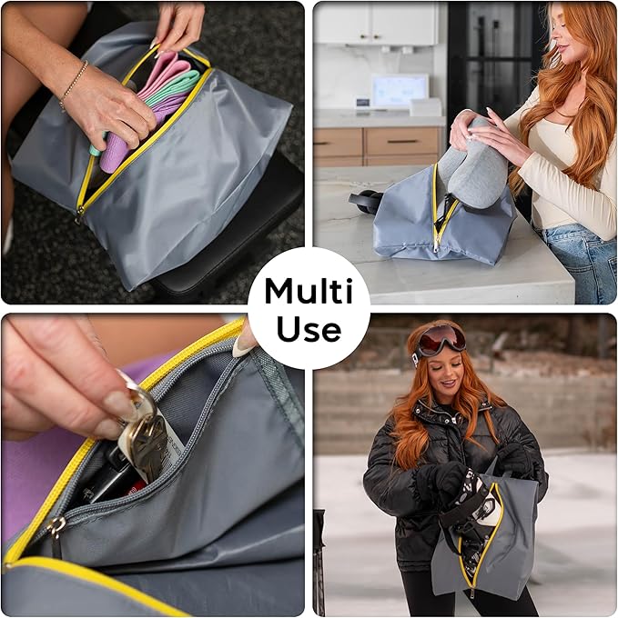 Water Resistant Travel Shoe Bags with Two Inner Pockets - Shoe Carrier Storage Cube Pouch Pack with Zipper & Handle - Portable Shoe Bag for Gym, Traveling, Dance, Track & Field - Grey