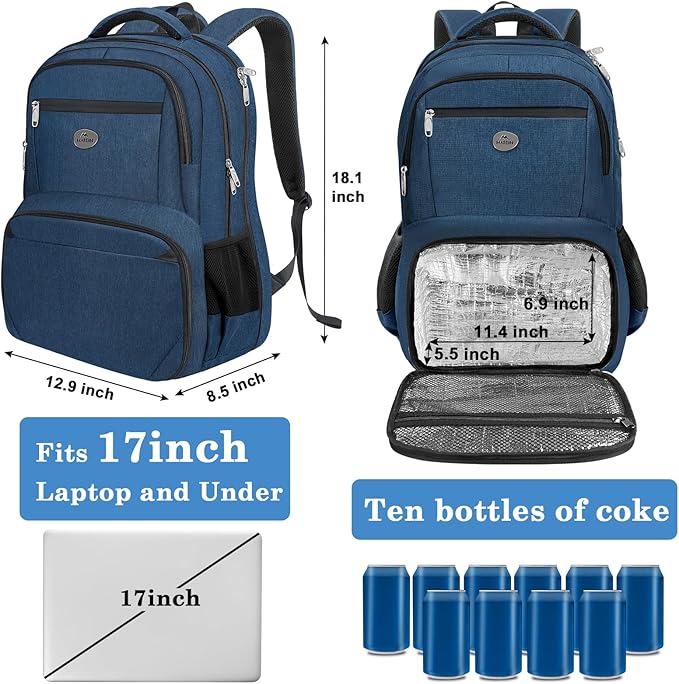 MATEIN Lunch Backpack for Men, 17 Inch Travel Laptop Backpack with Cooler Compartment, Airline Approved Carry On Backpack, Waterproof Computer Bag for Business Work Camping Picnic, Blue