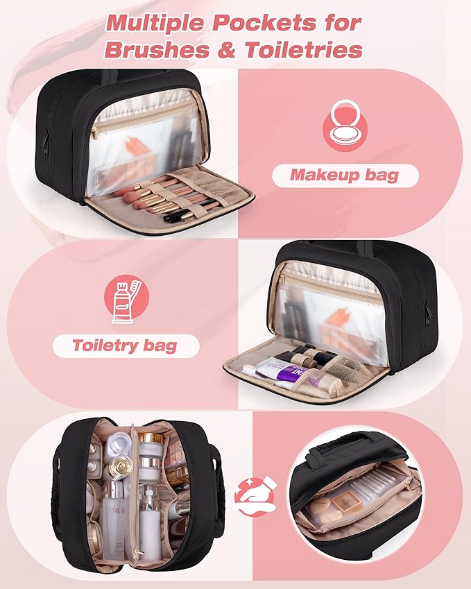 Marscamd Travel Makeup Bag for Women, Puffy Cosmetics & Toiletry Organizer with Leakproof Pockets for Travel-Size Shampoo, Conditioner, Brushes & Essentials - Medium Size, Black (Bag Only)