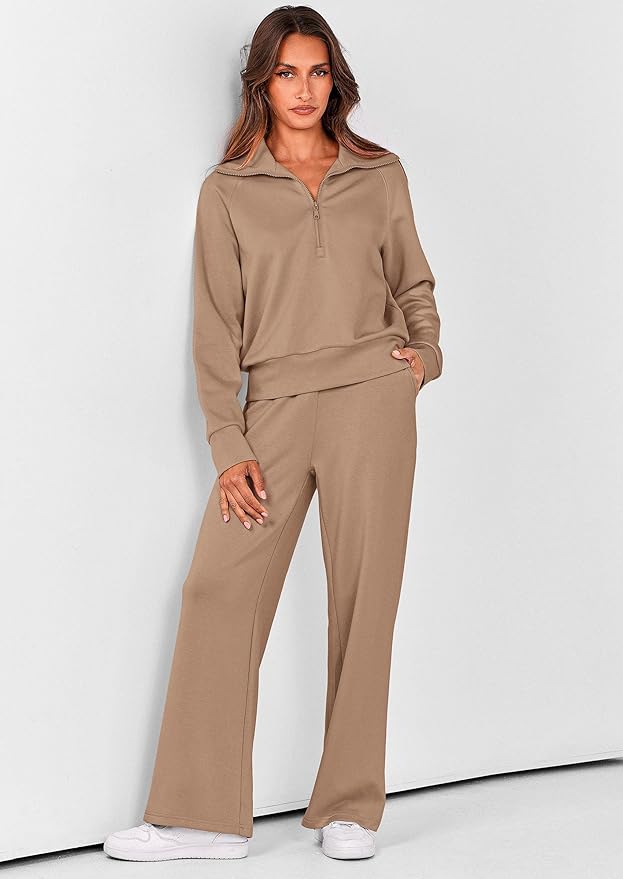 PRETTYGARDEN Women's 2 Piece Outfits Casual Lapel Half Zip Sweatshirts and Wide Leg Pants Tracksuit Sets