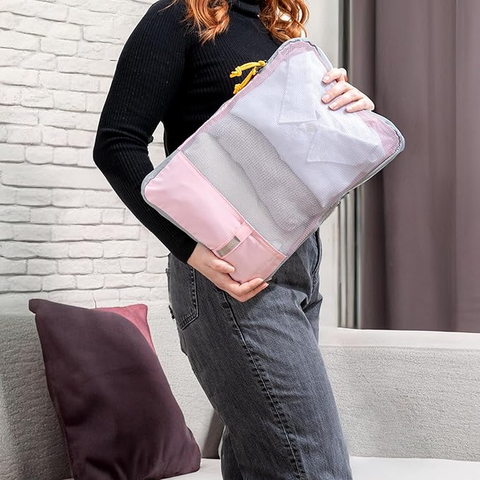 (Not Made In China) Compression Packing Cubes For Travel, Suitcase and Luggage Space Saver Organizer Bags, Lightweight, Waterproof, Durable, 6pc Set, Pink