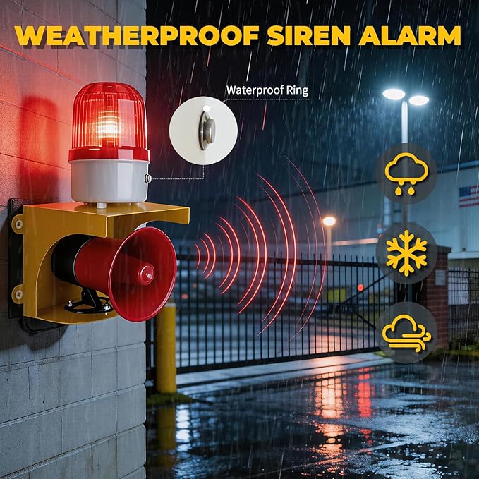 AC110V Industrial Siren Alarm Strobe Light-120dB Loud Horn&Waterproof Red Beacon Warning Light for Emergency,Factory,Fires,Tornado,Intruder Deterrent (with Switch&Volume – Adjustable 0–120dB)