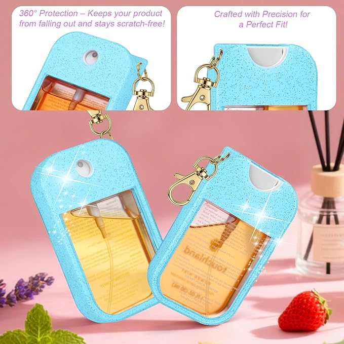 AIERSA Hand Sanitizer Spray Glitter Case Compatible with Touchland, Silicone Hand Sanitizer Case Holder with Keychain for Touch Land Mist 1FL. OZ(Glitter Sequin Blue)