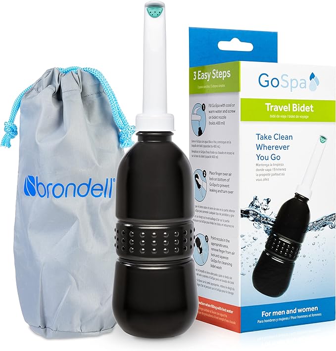 Brondell GoSpa Travel Bidet GS-70 – Portable Peri Bottle for Postpartum & Perineal Care, 400ml Handheld Bidet with Angled Nozzle, Collapsible Design, Nozzle Storage & Travel Bag, Midnight