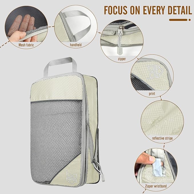 8 Set Compression Packing Cubes for Travel, Expandable Luggage Organizer with Shoe Bag & Laundry Bag - Lightweight Suitcase & Backpack Travel Essentials (Beige)