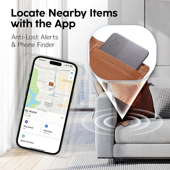 Slim Rechargeable Tracker Card for Apple Find My – Ultra-Thin Wallet Finder for iPhone, Bluetooth Item Locator for Wallet, Keys & Passport (iOS Only, Black)