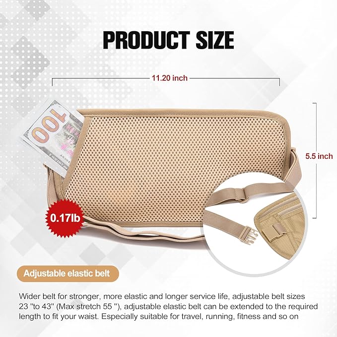 Unisex Money Belt For Men and Women, Slim Passport Holder RFID Blocking Travel Essentials Pouch with Adjustable Strap Small Waist Pouch for Workout Running Travelling Hiking, Beige & Light Grey