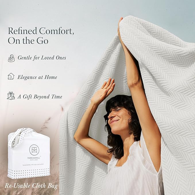 Threadmill Luxury Cotton Blankets for Queen Size Bed | All-Season 100% Cotton Queen Size Blanket | Herringbone Cozy, Soft Breathable Fall Thermal Blanket fits Full Size Bed | Tusk White