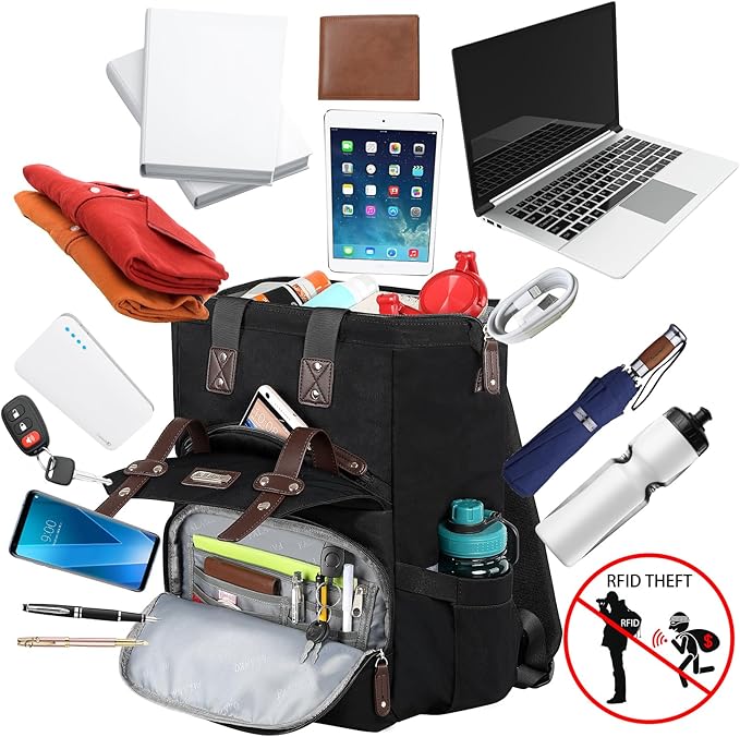 FALANKO Laptop Backpack For Women, Work Doctor Teacher Nurse Wide Open Bookbags 17.3 Inch Laptops Backpack with RFID, Water Resistant Computer Backpack for Men Women Black