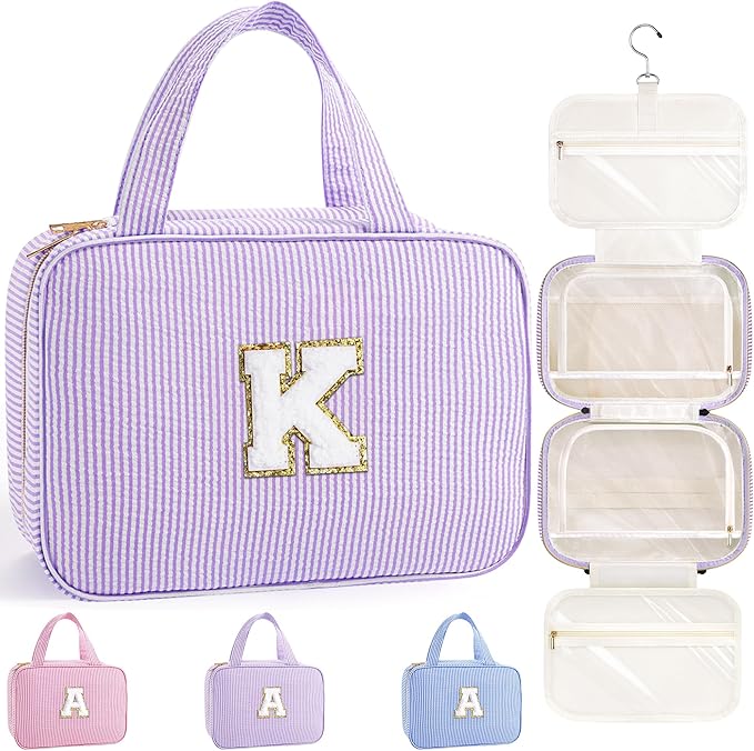 TOPEAST Travel Hanging Toiletry Bag, Personalized Initial Toiletry Pouch, Birthday Gifts for Mom Daughter Sister Friends, Cruise Essentials, Purple K