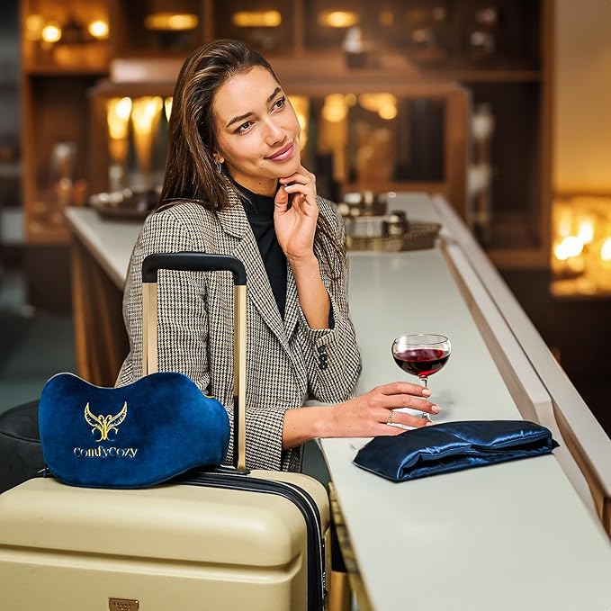ComfyCozy Luxury Travel Pillow and Silky Plush Eye Mask - Sleeping Traveling Airplane Essentials - Memory Foam Neck Support Pillows for Plane Car Flying - International Flight Must Haves Essentials