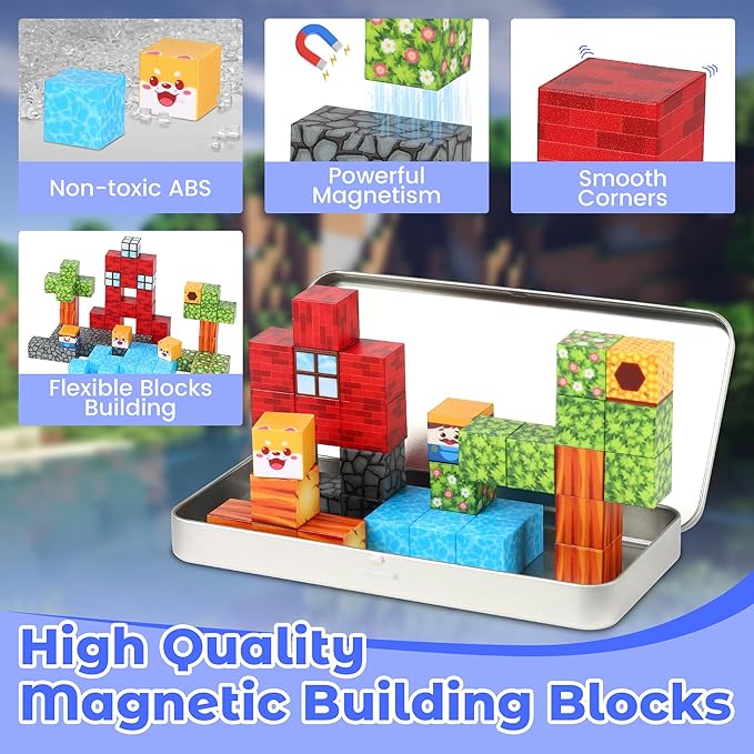 SYSKENI Mini Magnetic Blocks Travel Set, 35PCS Magnetic Blocks Travel Toys for Kids Ages 3-5 4-8, Portable Magnet Cubes Preschool Learning Toys with Portable Iron Storage Box Christmas Birthday