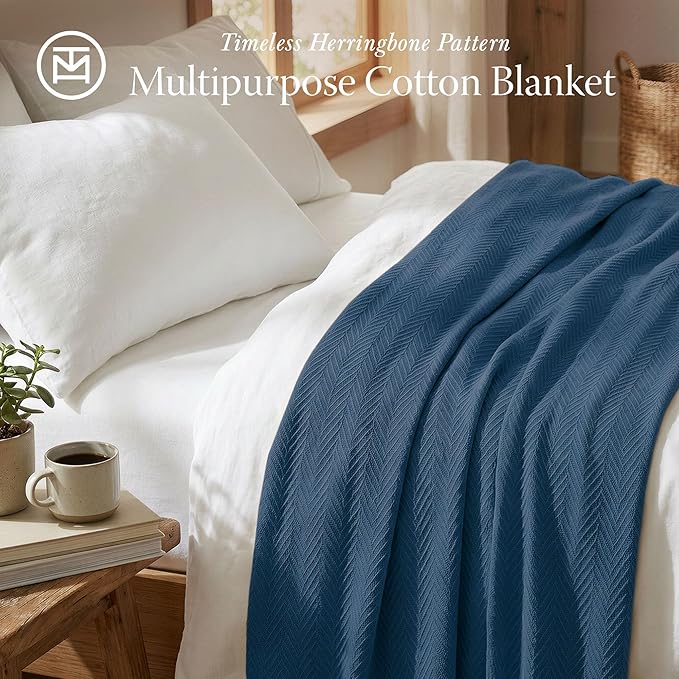 Threadmill Luxury Cotton Blankets for Queen Size Bed | All-Season 100% Cotton Queen Size Blanket | Herringbone Soft Breathable Fall Thermal Blanket fits Full Size Bed | Folkstone Blue