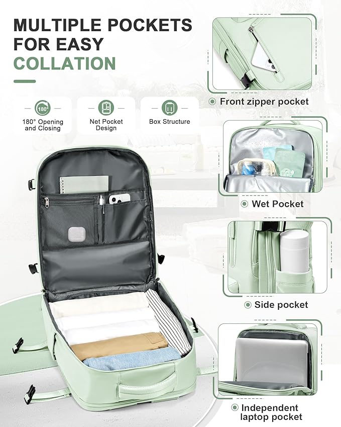 VGCUB Travel Backpack for Women Men for Spirit Airlines Personal Item Bag 18x14x8 Inches Laptop College Backpack,Waterproof Carry on Flight Approved Work Backpack Mochila de Viaje,Large Mint green