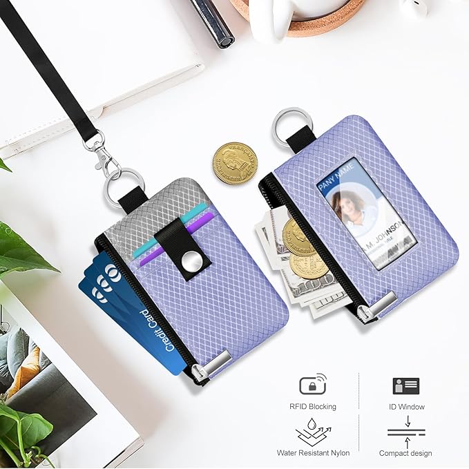 Minimalist RFID Blocking Small Wallet with ID Window,WaterResistant Zip Id Case Wallet with Lanyard Keychain for Cards,Cash,Travel,Women,Men (Lavender Purple/Light gray)