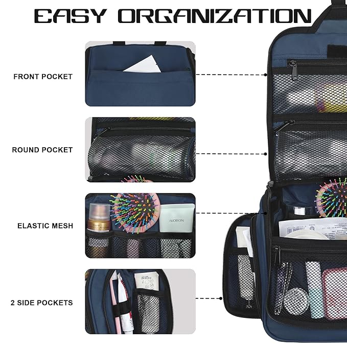 Goloni Hanging Toiletry Bag, 10 Compartments Water-Resistant Makeup Bag with 360° Spinning Metal Hook, Large Travel Cosmetic Organizer for Men & Women, Blue (7.05oz)