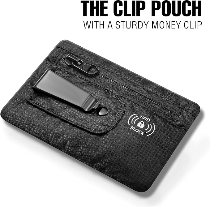 KOSMCCO RFID Blocking Clip Stash Pocket, Compact Hidden Travel Belt Wallet for Cards & Cash - Slim Pickpocket-Proof Design for Everyday Carry (Black, Medium)
