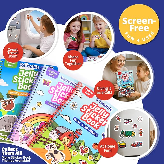 Reusable Sticker Book - Vehicles Stickers for Toddlers & Kids 3-5: Boys Easter Basket Stuffers & Easter Basket Essentials - Fun Activity in Airplane & Cars, Jelly Sticker Books for Toddlers 1-3 2-4
