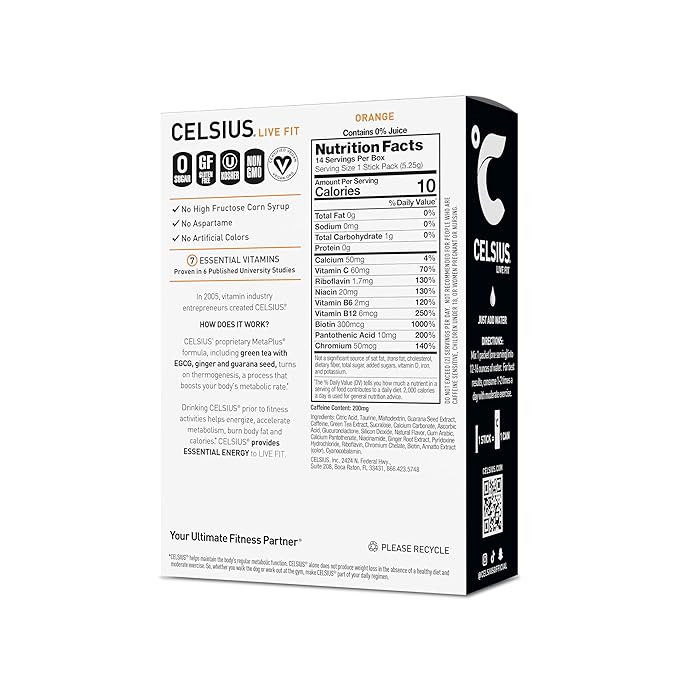 CELSIUS On-the-Go Powder Stick Zero Sugar,Orange,5.20 Oz,(Pack of 28)