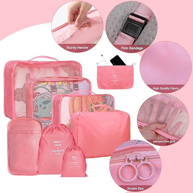 8 Set Packing Cubes for Suitcases, kingdalux Travel Luggage Packing Organizers with Laundry Bag, Compression Storage Shoe Bag, Clothing Underwear Bags, for Women & Man