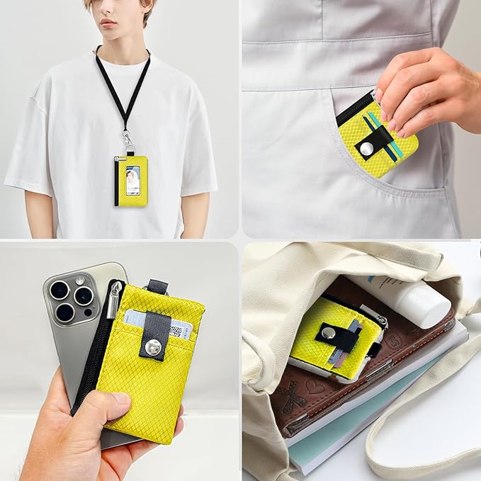 Minimalist RFID Blocking Small Wallet with ID Window,WaterResistant Zip Id Case Wallet with Lanyard Keychain for Cards,Cash,Travel,Women,Men (Lemon Yellow)